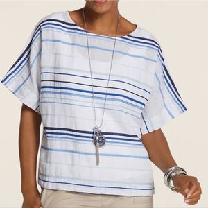 Chico's Petite Summer Stripe Cana II Top blue and white stripes